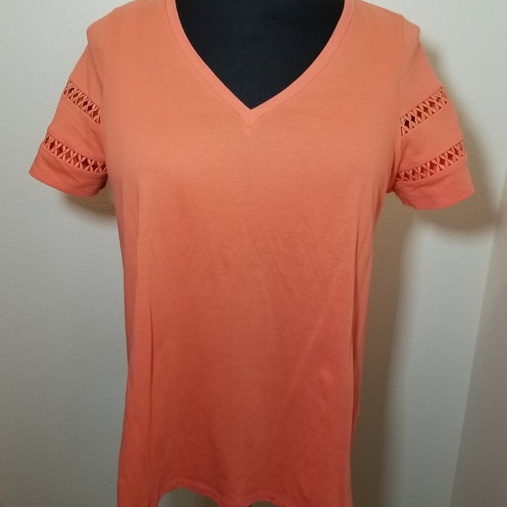 Lane Bryant V Neck Orange Short Sleeve Shirt Crochet Accent Womens 14/16 Cottage